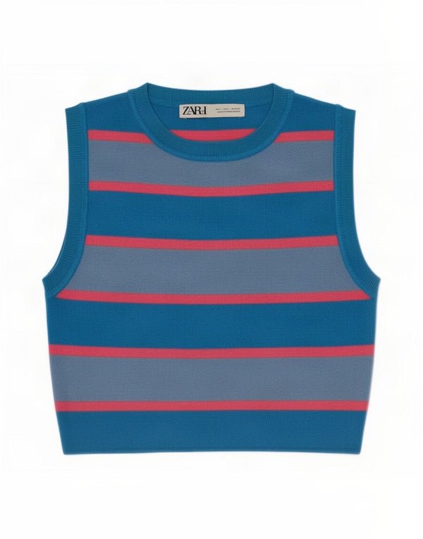 Top corto da donna Zara UK 14 in viscosa a righe blu grande