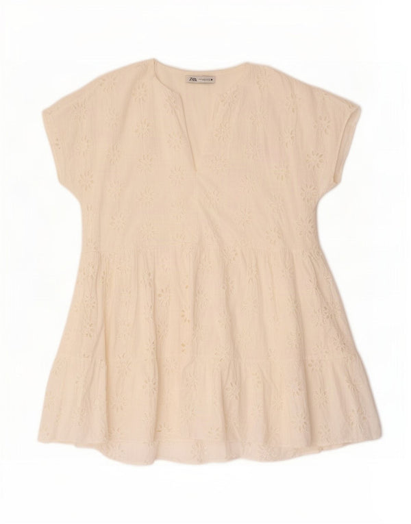 Abito a strati oversize da donna Zara UK 16 Grande cotone floreale bianco sporco