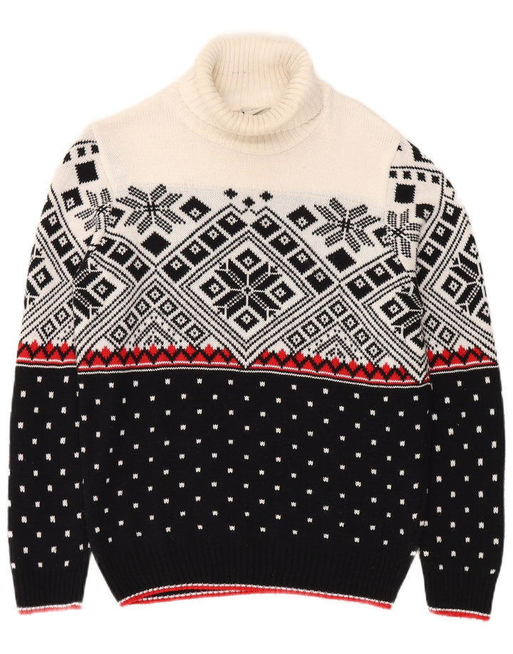 Maglione maglione vintage da uomo con collo alto piccolo Fair Isle nero