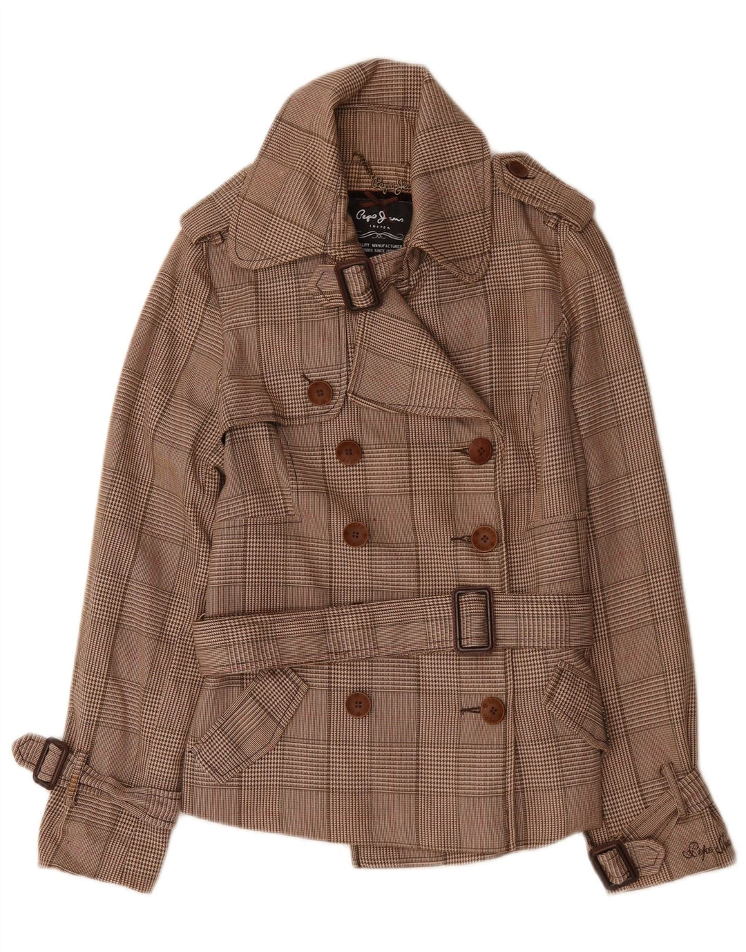 PEPE Jeans Cappotto da marinaio con cintura da donna UK 14 Cotone pied de poule marrone medio