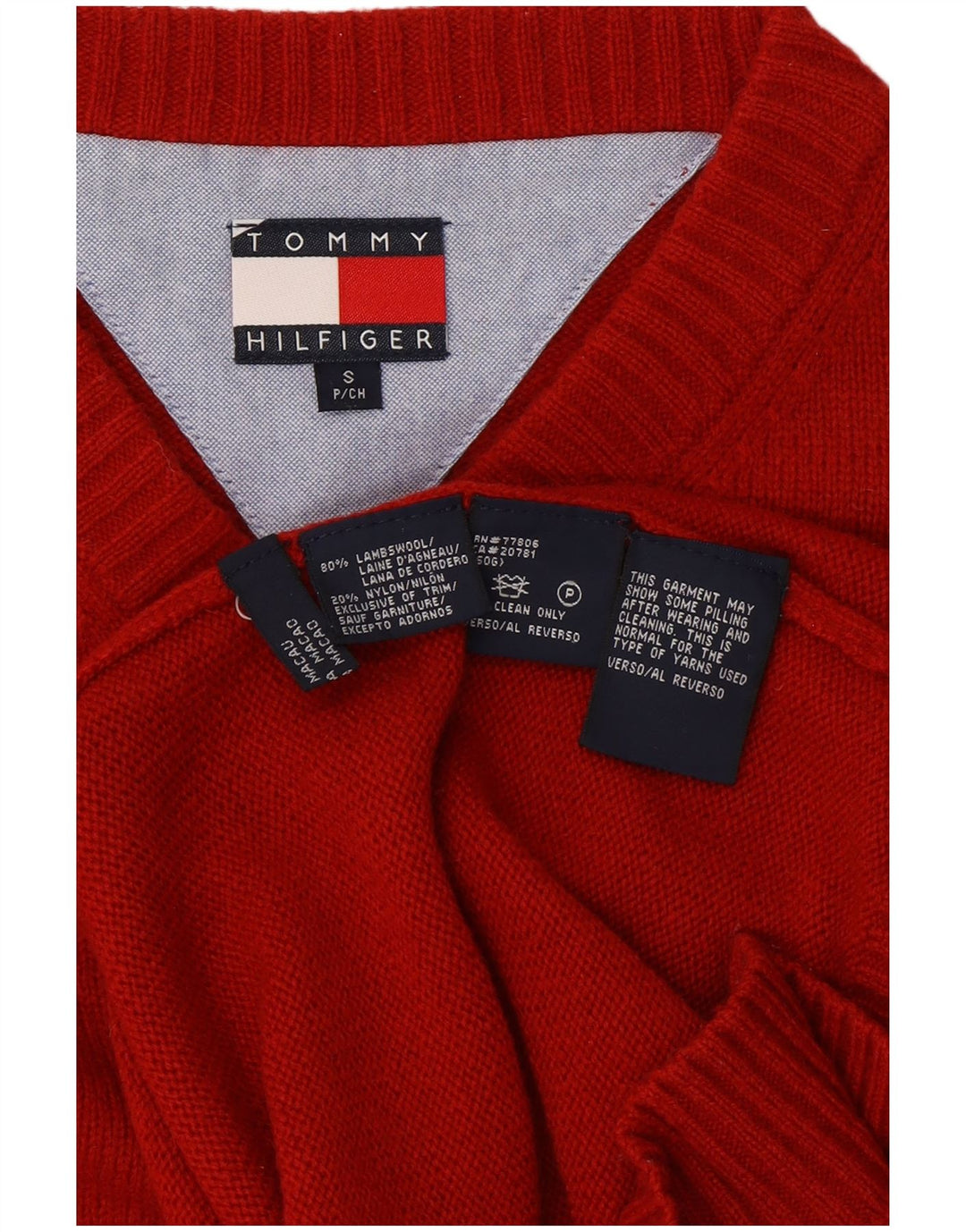 TOMMY HILFIGER Maglione da uomo con scollo a V piccolo rosso in lana d'agnello