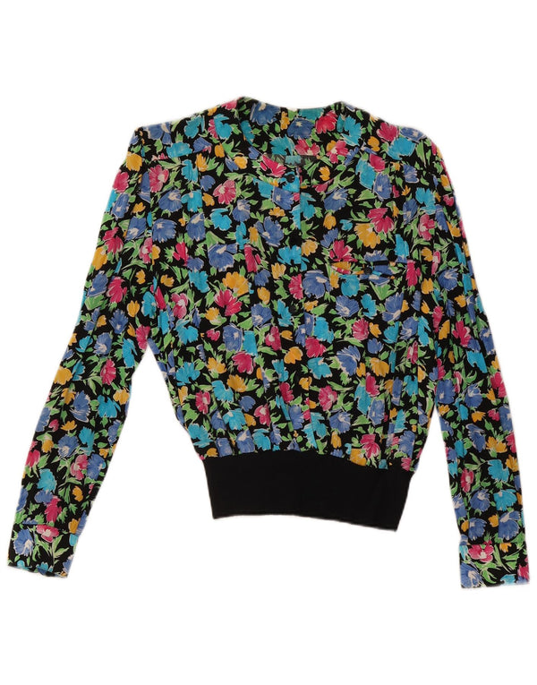 Top camicetta a maniche lunghe da donna vintage UK 10 piccolo floreale multicolore