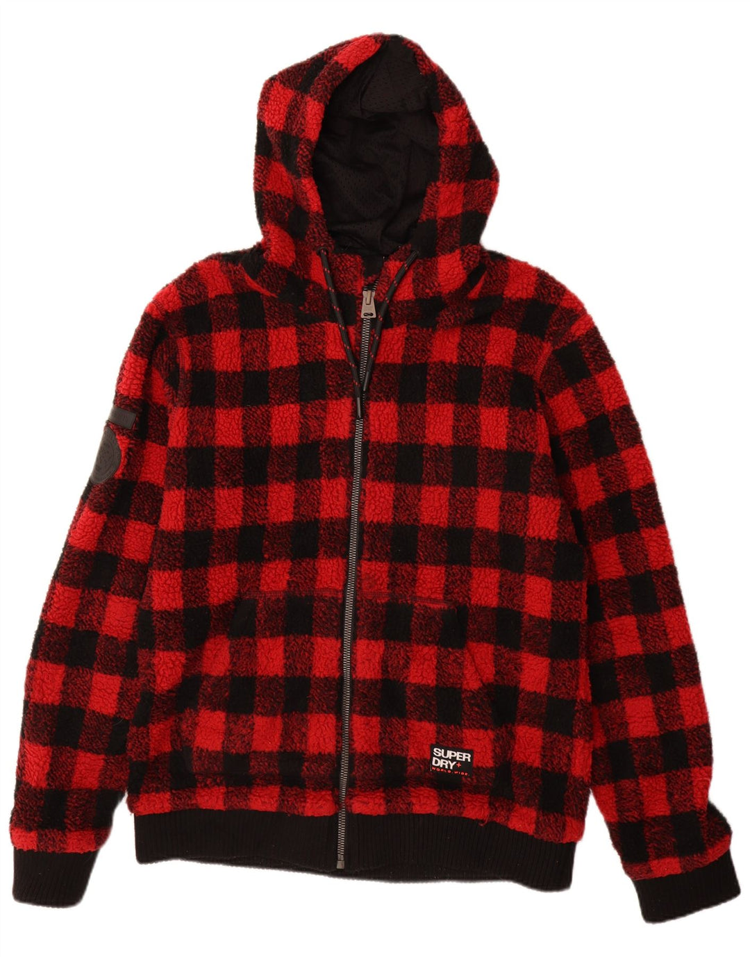 Giacca in pile con cappuccio da uomo Superdry UK 44 2XL Poliestere a quadretti rosso