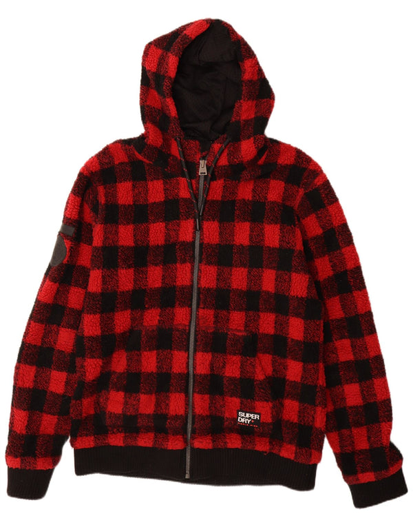 Giacca in pile con cappuccio da uomo Superdry UK 44 2XL Poliestere a quadretti rosso