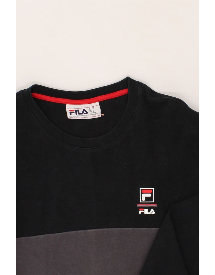 FILA Mens Sweatshirt Jumper Medium Black Colourblock Cotton Vintage Fila and Second-Hand Fila from Messina Hembry 