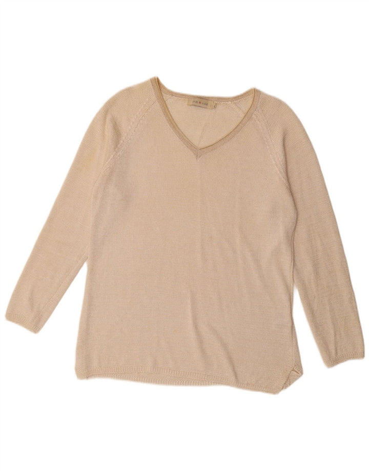 Maglione maglione vintage da donna con scollo a V UK 16 grande poliestere beige