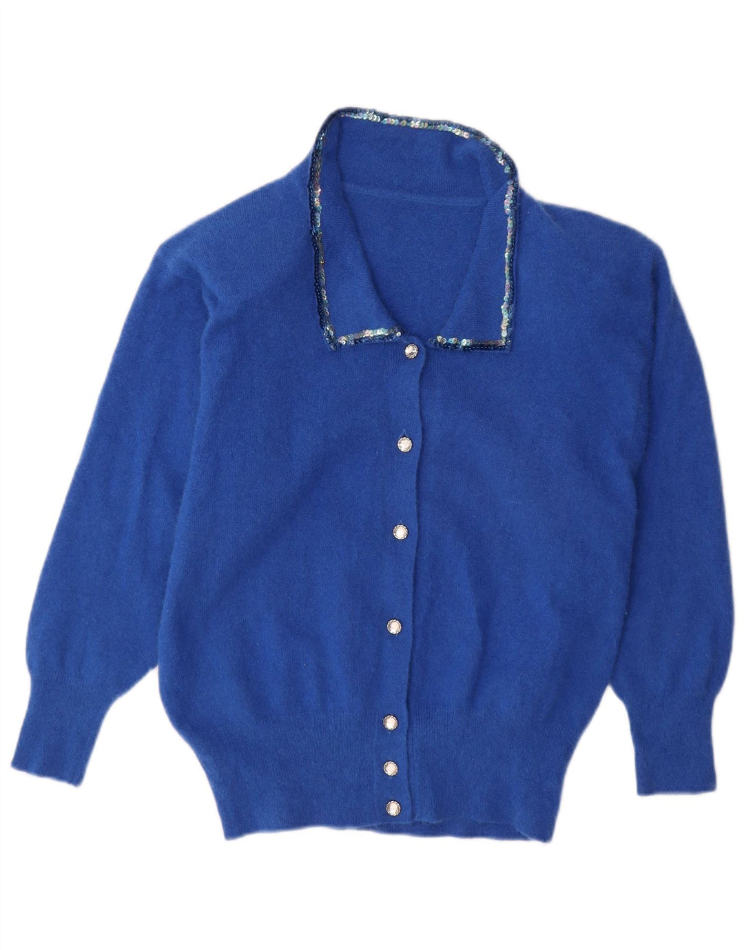 Maglione cardigan da donna VINTAGE UK 16 grande angora blu