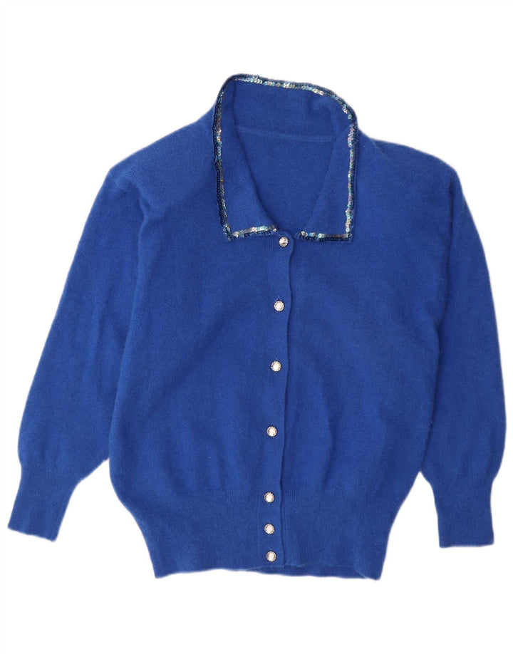 Maglione cardigan da donna VINTAGE UK 16 grande angora blu