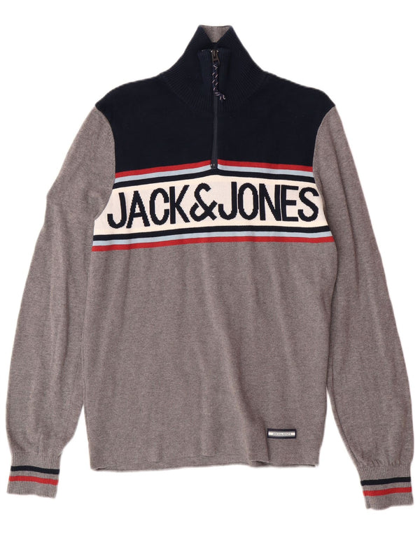 JACK & JONES Maglione da uomo con collo con zip e grafica piccolo grigio a blocchi di colore