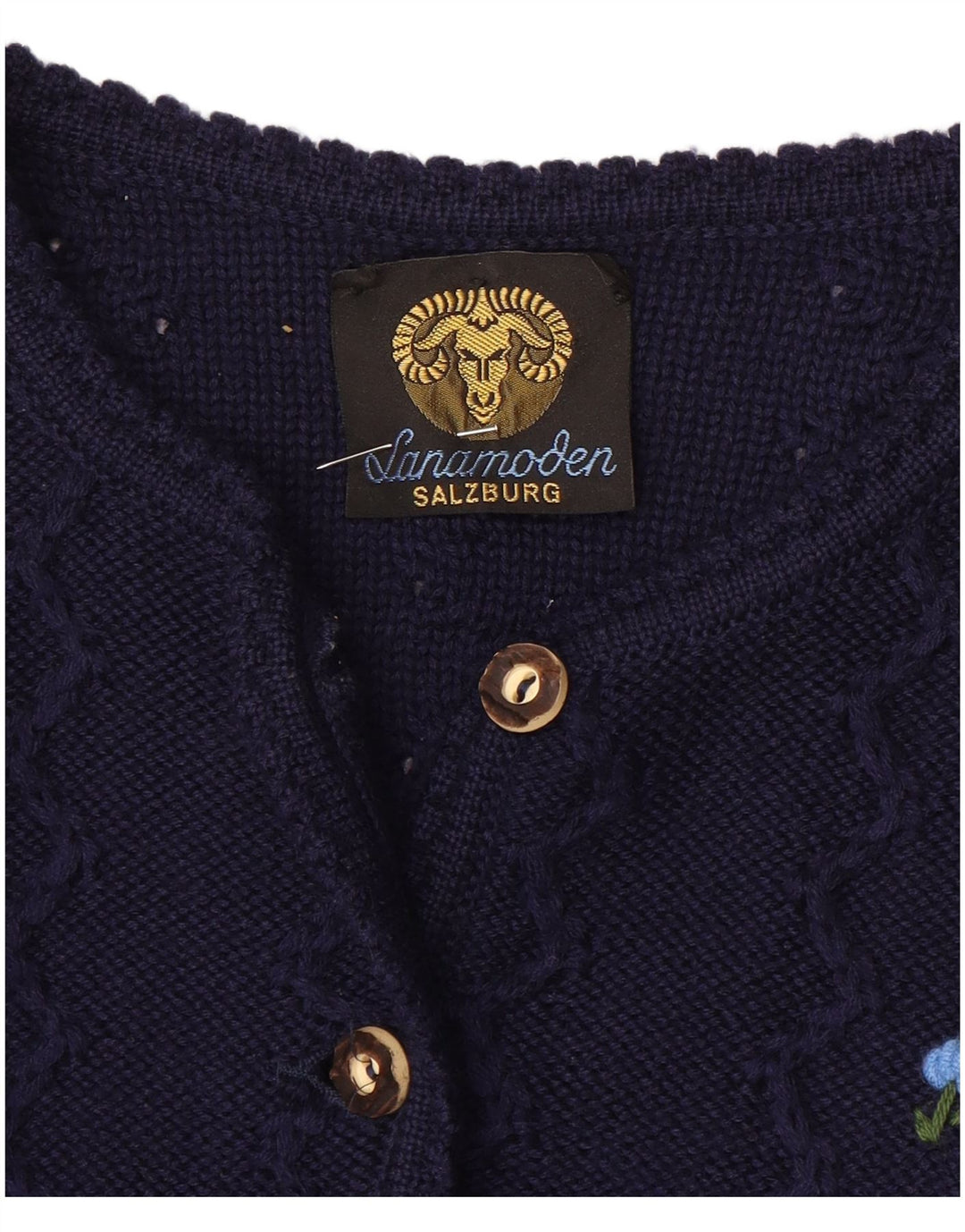 Maglione cardigan corto da donna vintage UK 12 medio blu navy floreale