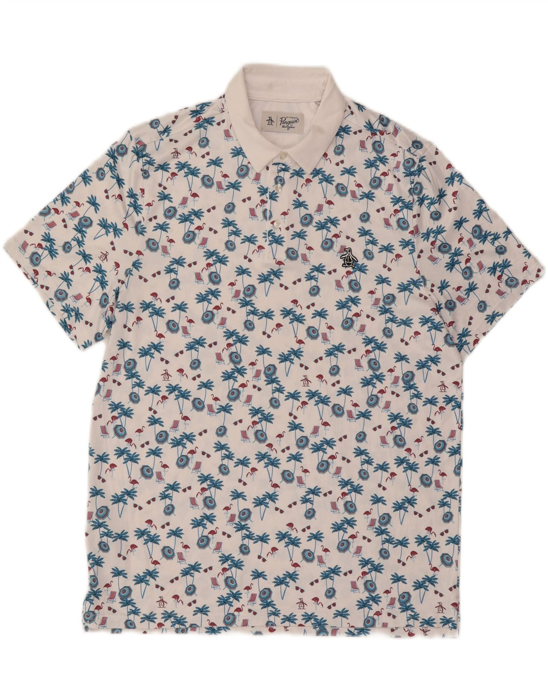PENGUIN Mens Graphic Polo Shirt Large White Polyester Hawaiian Vintage Penguin and Second-Hand Penguin from Messina Hembry 