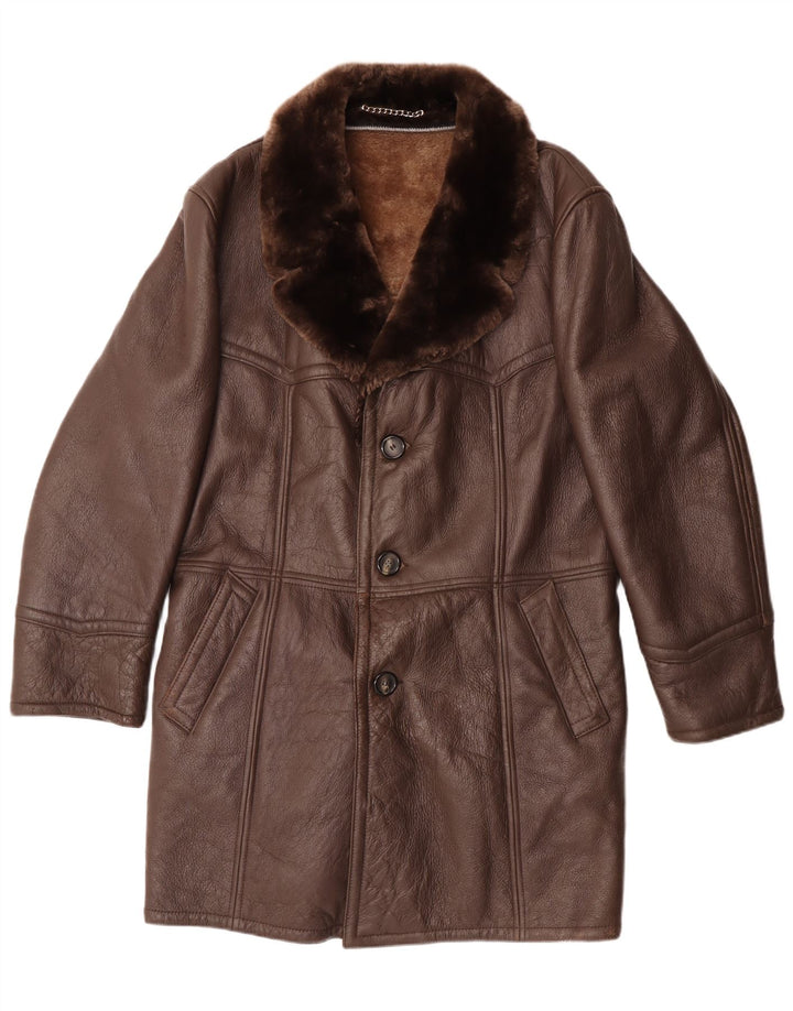 Cappotto in shearling vintage da uomo UK 36 piccolo in pelle marrone