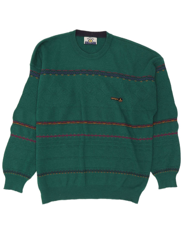 Navigare Mens Crew Neck Jumper Sweater Large Green Geometric Wool