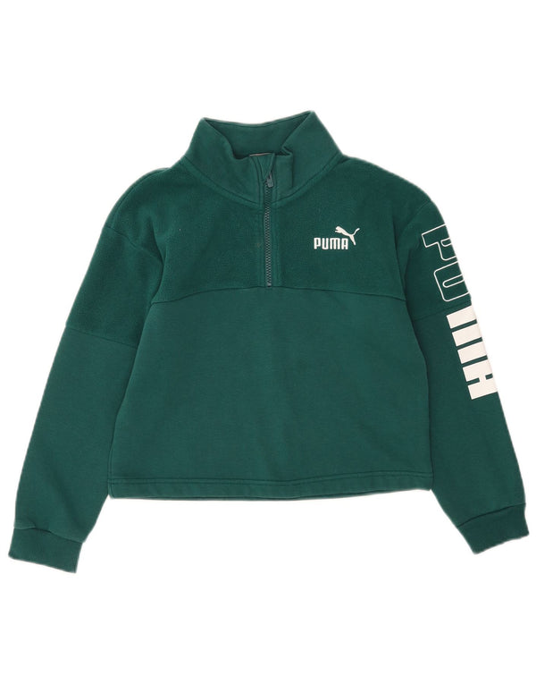 Felpa grafica Puma per ragazze, con collo corto e zip, 11-12 anni, in cotone verde