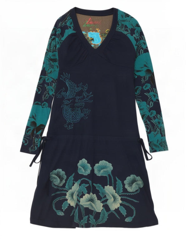 Desigual Abito da donna a maniche lunghe con grafica grafica UK 4 XS Blu navy floreale
