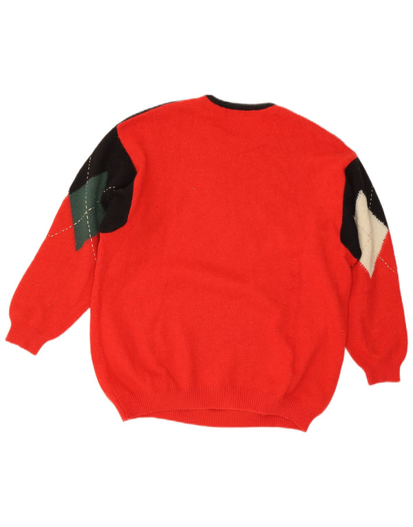 Vintage Womens Crew Neck Jumper Sweater UK 14 Large Red Argyle/Diamond Wool