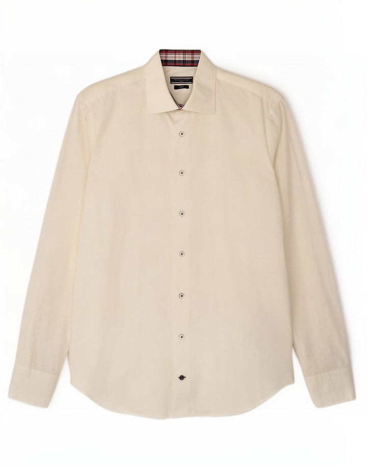 Camicia aderente su misura da uomo Tommy Hilfiger taglia 40 15 3/4 media bianco sporco