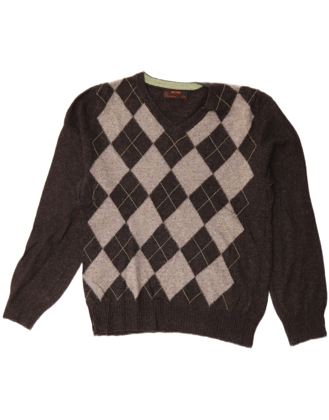 ZARA Maglione da Uomo con Scollo a V Grigio Medio Lana Argyle/Diamante