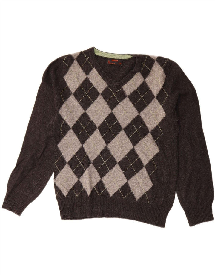 ZARA Maglione da Uomo con Scollo a V Grigio Medio Lana Argyle/Diamante