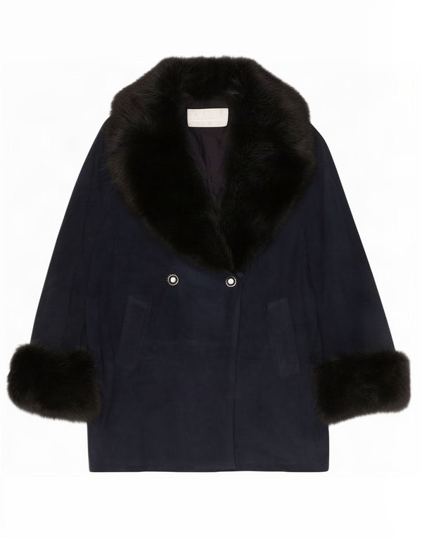 Pancaldi & B Cappotto doppiopetto in pelle scamosciata da donna UK 18 XL Pelle di pecora blu navy