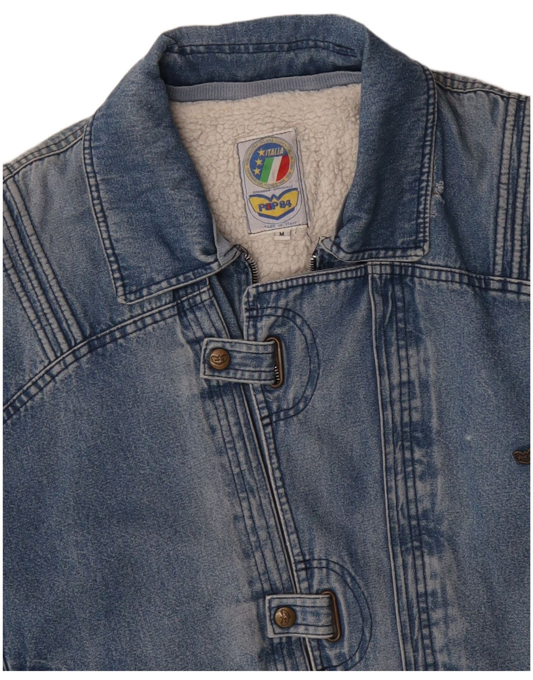 POP 84 Giacca da uomo in sherpa di jeans dal taglio ampio vintage UK 38 Cotone blu medio