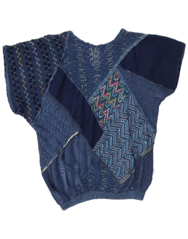 Top camicetta da donna vintage UK 16 grande patchwork blu navy