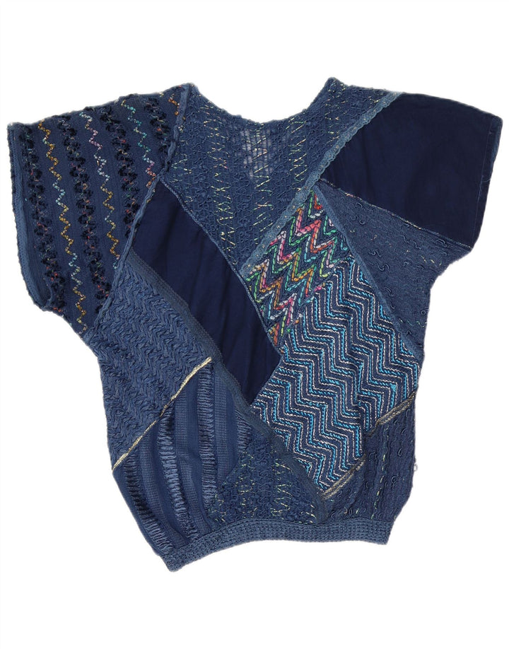 Top camicetta da donna vintage UK 16 grande patchwork blu navy