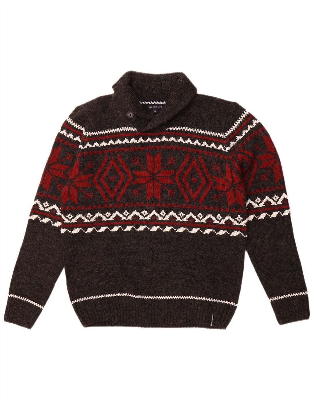 Maglione vintage da uomo con collo a scialle grigio medio Fair Isle