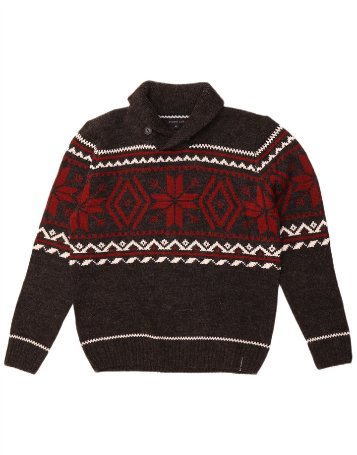 Maglione vintage da uomo con collo a scialle grigio medio Fair Isle