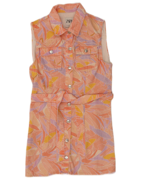 Abito camicia di jeans senza maniche da donna Zara UK 14 grande rosa floreale