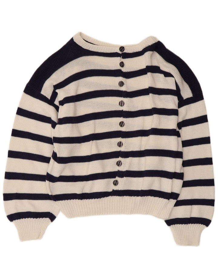 Maglione maglione con scollo a barca da donna VINTAGE UK 14 grande blu navy nautico