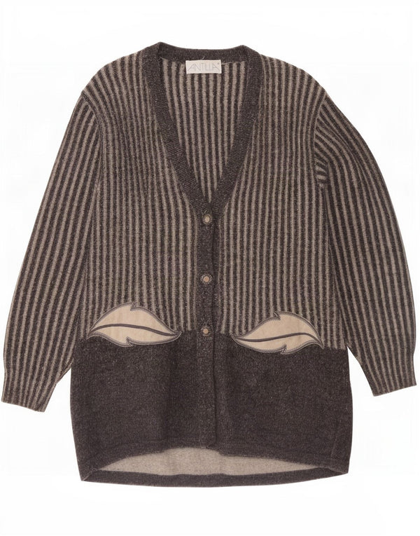 Maglione cardigan lungo da donna vintage UK 14 Lana a righe grigio medio