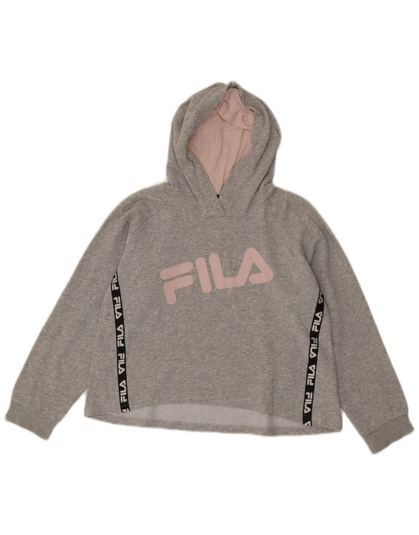 Fila Womens Crop Graphic Hoodie Jumper UK 16 Large Grey Colourblock Cotton