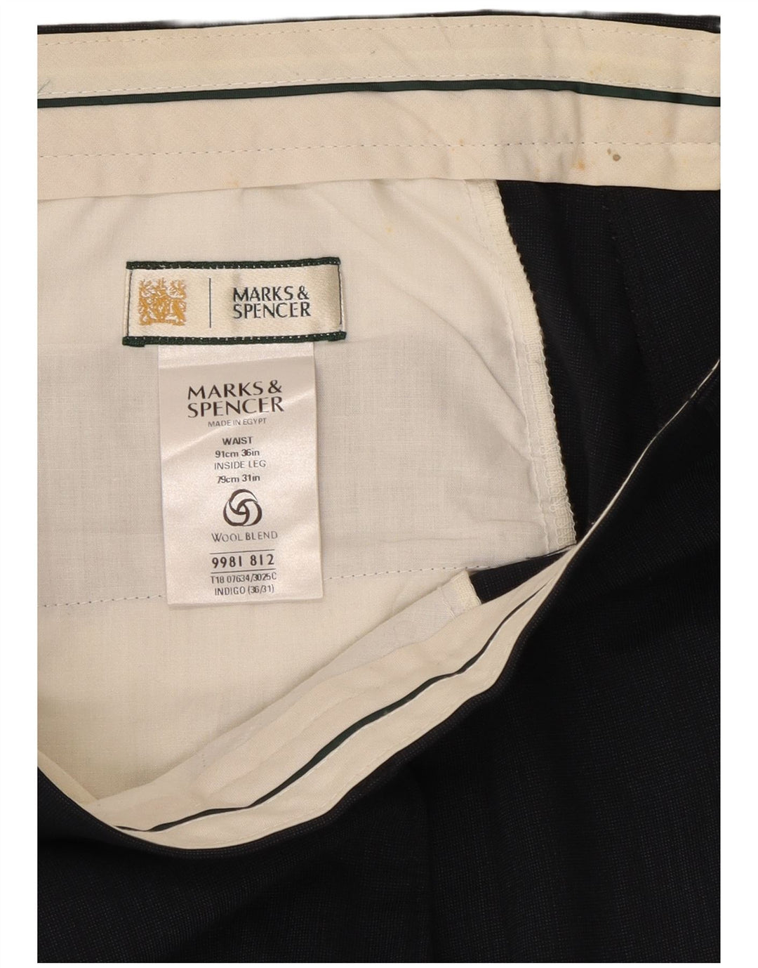 Pantaloni da abito con pegging da uomo Marks & Spencer W36 L31 poliestere blu navy