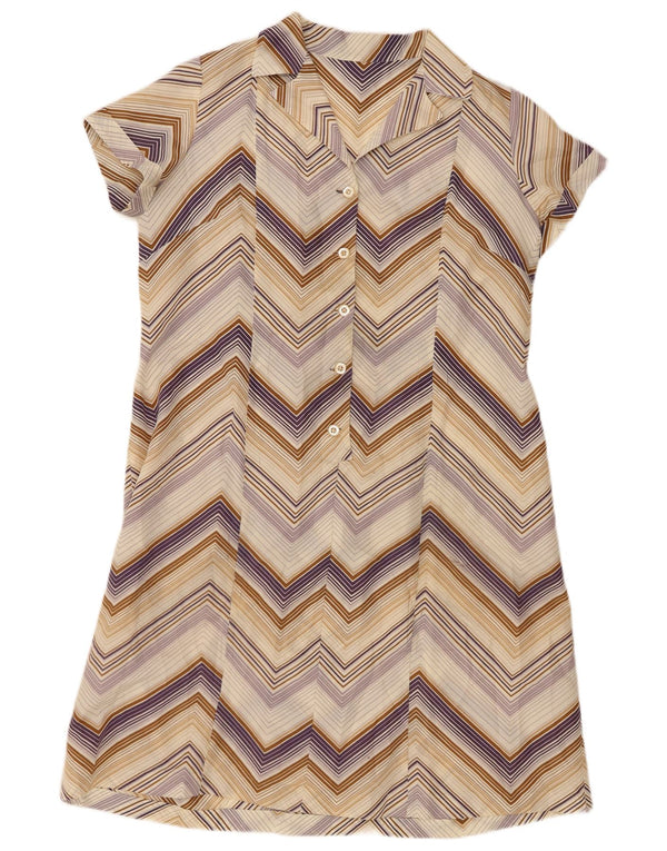 Abito camicia vintage a maniche corte da donna UK 14 Chevron medio multicolore
