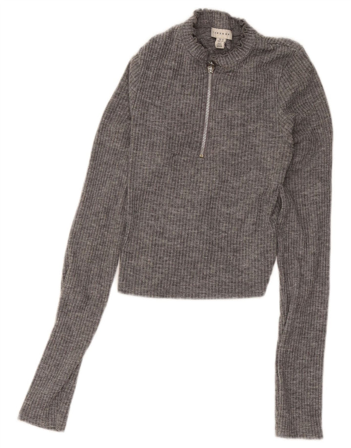 Topshop da donna, top corto con zip e collo, UK 10, piccolo, in poliestere chiazzato grigio