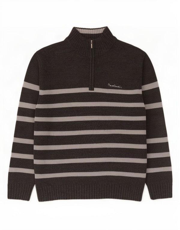 Pierre Cardin Maglione da uomo con zip e collo in acrilico grande a righe grigie