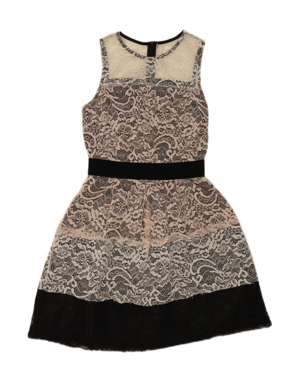 Abito tubino in pizzo vintage da donna UK 8 piccolo floreale bianco