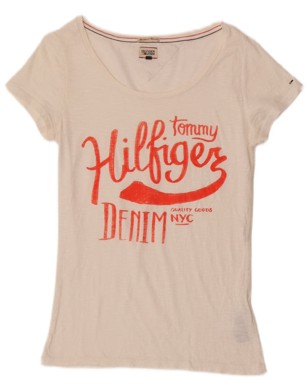 T-shirt grafica da donna Tommy Hilfiger Top UK 8 Small cotone bianco