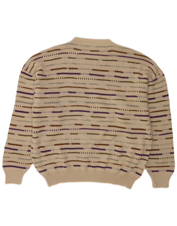 Maglione maglione girocollo vintage da uomo XL a righe beige