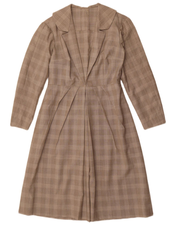 Abito a trapezio a maniche lunghe da donna vintage UK 12 a quadri grigio medio