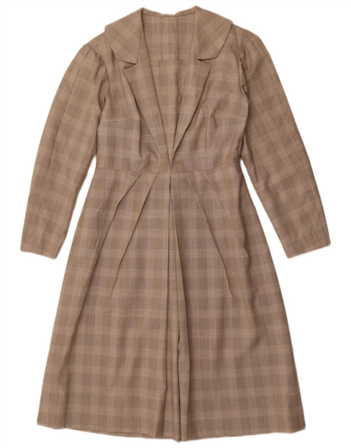 Abito a trapezio a maniche lunghe da donna vintage UK 12 a quadri grigio medio