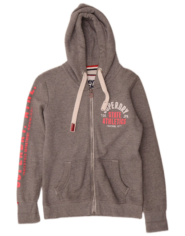 SUPERDRY Womens Graphic Zip Hoodie Sweater UK 14 Medium Grey Flecked