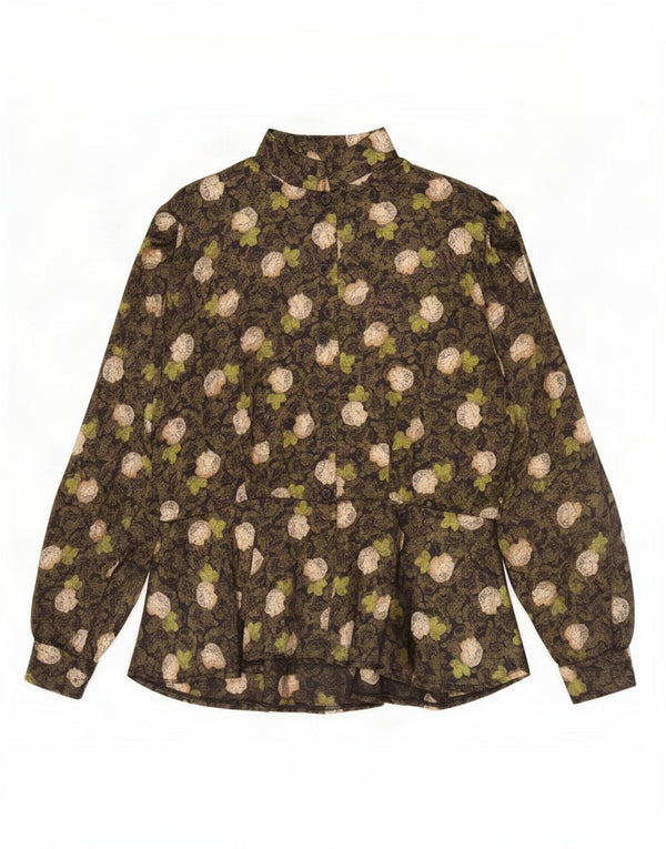 Camicetta camicia vintage da donna UK 14 medio kaki floreale