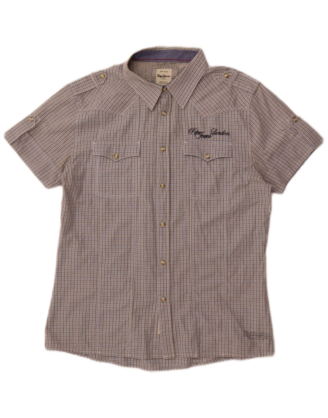 PEPE Jeans Camicia militare a maniche corte da uomo XL in cotone a quadri grigio