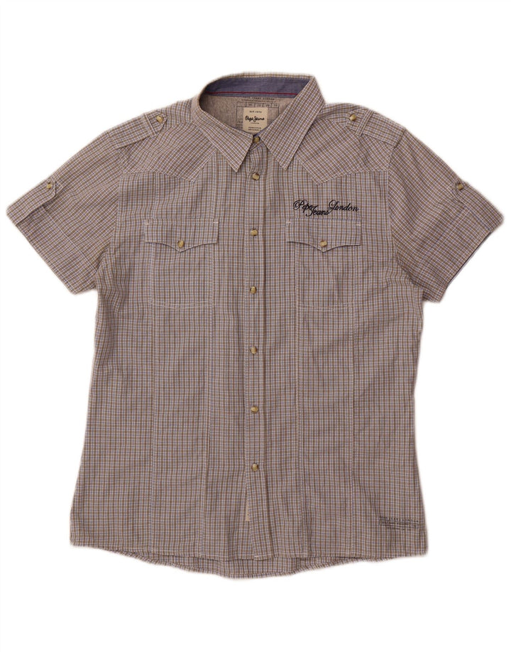 PEPE Jeans Camicia militare a maniche corte da uomo XL in cotone a quadri grigio
