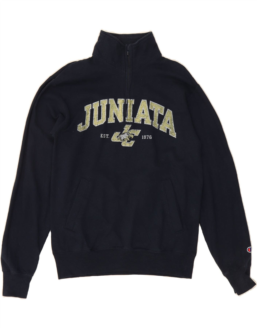 CHAMPION Mens Juniata Graphic Zip Neck Sweatshirt Jumper Medium Navy Blue Vintage Champion and Second-Hand Champion from Messina Hembry 