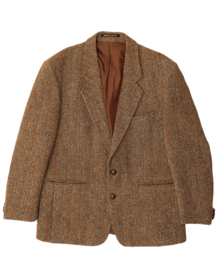 Giacca blazer a 2 bottoni da uomo Harris Tweed UK 44 2XL Lana a spina di pesce marrone