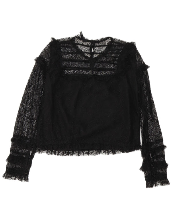 Zara Trafaluc Crop Manica Lunga Camicetta da Donna Top UK 12 Medio Nero Floreale