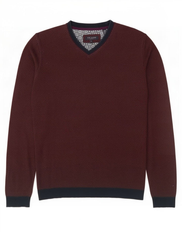 Ted Baker Maglione da uomo con scollo a V taglia 2 piccolo cotone geometrico marrone